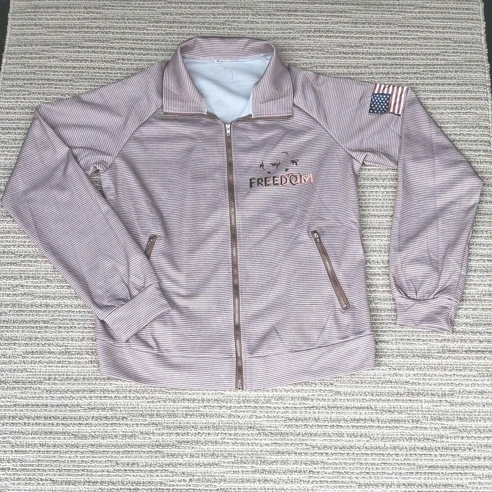 womens USA flag Pink Striped zip front jacket / POCKETS LIGHTWEIGHT ATCTIVEWEAR